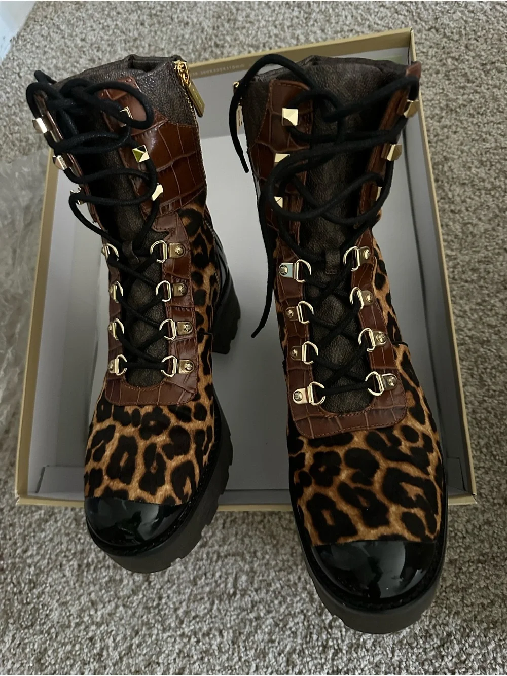 Michael Kors Women Leopard Print Lace-Up Combat Boots - Brown